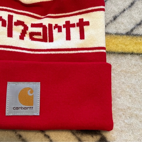 Carhartt Knit Pom Pom Cuffed Beanie Hat red and white striped Christmas NWT - Picture 5 of 10